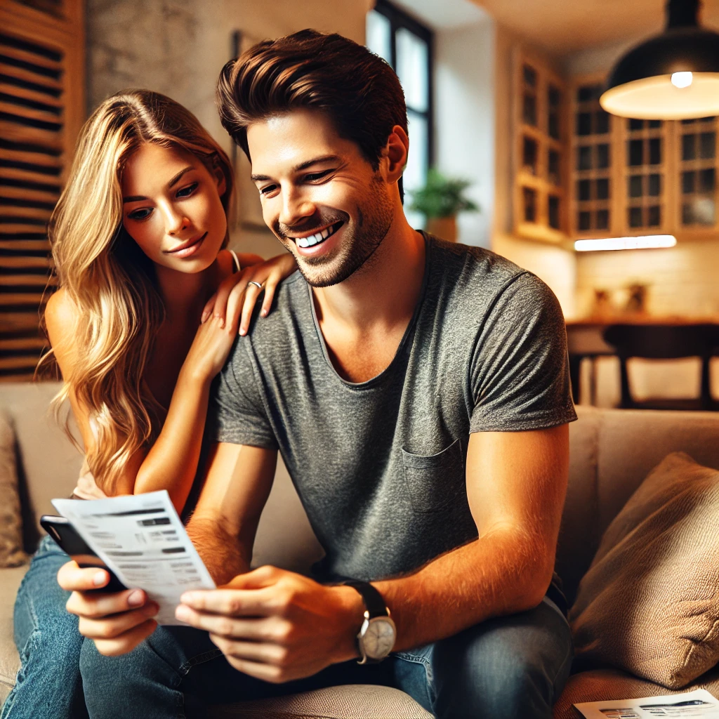 Auf dem Bild sieht man einen jungen, attraktiven Mann und seine Frau, die gemütlich auf einem Sofa in ihrem modernen Wohnzimmer sitzen. Beide blicken lächelnd auf ein Smartphone, auf dem sie ihre Stromrechnung überprüfen. Der Mann trägt ein lässiges T-Shirt und Jeans, während die Frau ein bequemes Kleid trägt. Das Wohnzimmer ist stilvoll eingerichtet mit einem Couchtisch, auf dem Zeitschriften liegen, und einer Zimmerpflanze im Hintergrund. Das warme Licht im Raum schafft eine gemütliche Atmosphäre. Dieses Bild zeigt die positiven Tibber Erfahrungen, die viele Nutzer beim Verwalten ihrer Energiekosten haben.