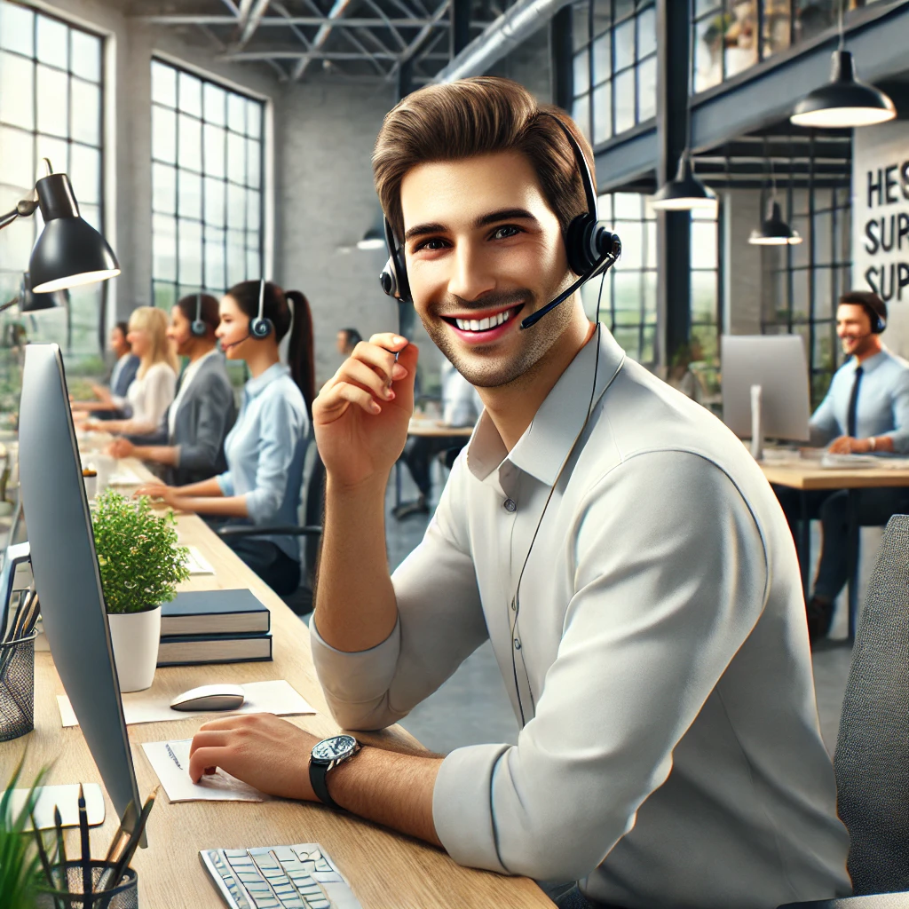 Das Bild zeigt eine realistische Szene aus einem modernen Büro, das den Enpal Kundenservice darstellt. Im Mittelpunkt sitzt ein freundlicher Kundenservice-Mitarbeiter an einem Schreibtisch, ausgestattet mit einem Computer und einem Headset, während er mit einem Kunden interagiert. Der Mitarbeiter lächelt und wirkt professionell sowie zugänglich. Um ihn herum arbeiten weitere Teammitglieder, ebenfalls in Kundenservice-Tätigkeiten vertieft. Das Büro ist hell und freundlich, mit natürlichem Licht, Pflanzen und motivierenden Postern an den Wänden. Auf dem Schreibtisch befinden sich ordentliche Unterlagen, eine Kaffeetasse und ein Telefon, was die organisierte und effiziente Arbeitsumgebung unterstreicht. Die Szene vermittelt eine Atmosphäre von Professionalität, Freundlichkeit und Effizienz, die den hohen Standard des Enpal Kundenservice widerspiegelt.