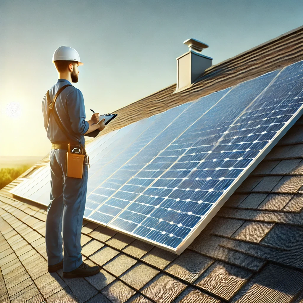 Das Bild zeigt eine fotorealistische Szene, in der eine Solaranlage auf dem Dach eines modernen Hauses getestet wird. Ein Techniker mit Schutzhelm und Klemmbrett inspiziert die Solarpanels, während die Sonne hell am klaren Himmel scheint und die Solarpanels beleuchtet. Die Szene betont den praktischen Aspekt der Effizienz- und Zuverlässigkeitsprüfung von Solaranlagen. Das Bild könnte gut verwendet werden, um Themen wie "Enpal Stiftung Warentest" zu illustrieren, insbesondere im Zusammenhang mit der Bewertung und dem Testen von Solaranlagen durch Verbraucherorganisationen.
