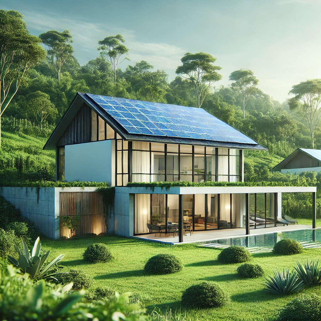 Das Bild zeigt ein modernes, minimalistisches Haus mit einem Solarsystem auf dem Dach, eingebettet in eine grüne, ruhige Umgebung. Die Solarpaneele des Hauses haben eine Leistung von 5 kW und sind optimal platziert, um Sonnenenergie effizient zu nutzen. Das Design des Hauses zeichnet sich durch klare Linien und große Fensterflächen aus, die den Innenraum lichtdurchflutet und offen wirken lassen. Umgeben ist das Haus von sattem Gras und vereinzelten Bäumen, was die Verbindung zur Natur verstärkt.</p>
<p>In einem solchen nachhaltigen Zuhause mit einer 5 kW Solaranlage könnte die gespeicherte Energie je nach Verbrauch für mehrere Stunden reichen. Ein 5 kW Speicher könnte bei einem Verbrauch von 1 kW etwa 5 Stunden Strom liefern, bevor er erneut durch die Solaranlage aufgeladen werden muss.